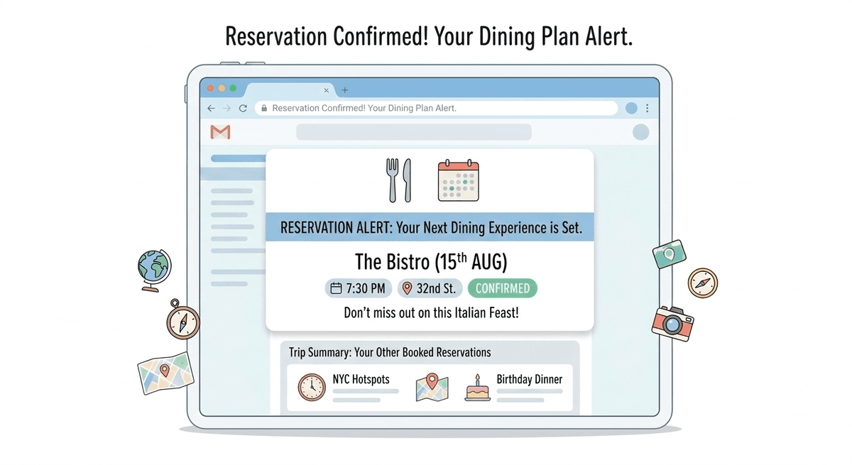 Laptop displaying a dining reservation alert notification for a restaurant opening.