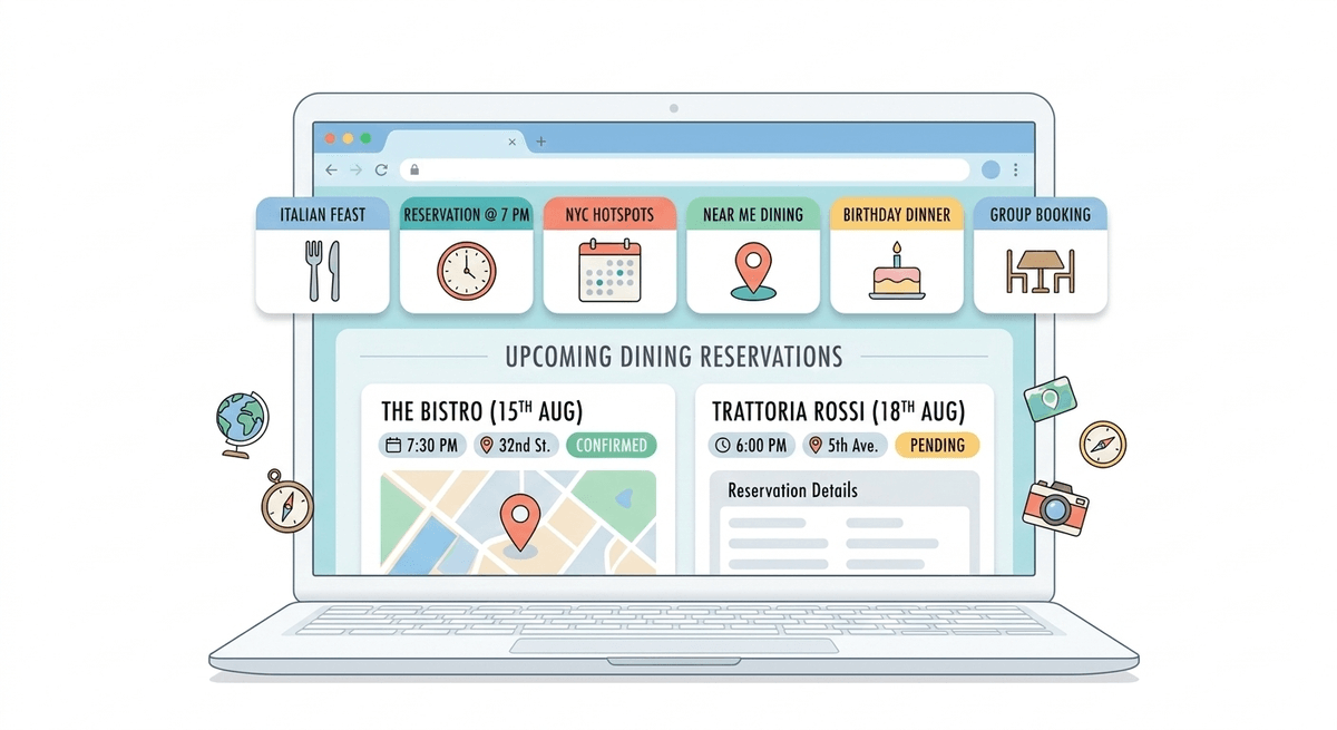 Illustration of a laptop with multiple restaurant reservation tabs open while planning Disney dining bookings.